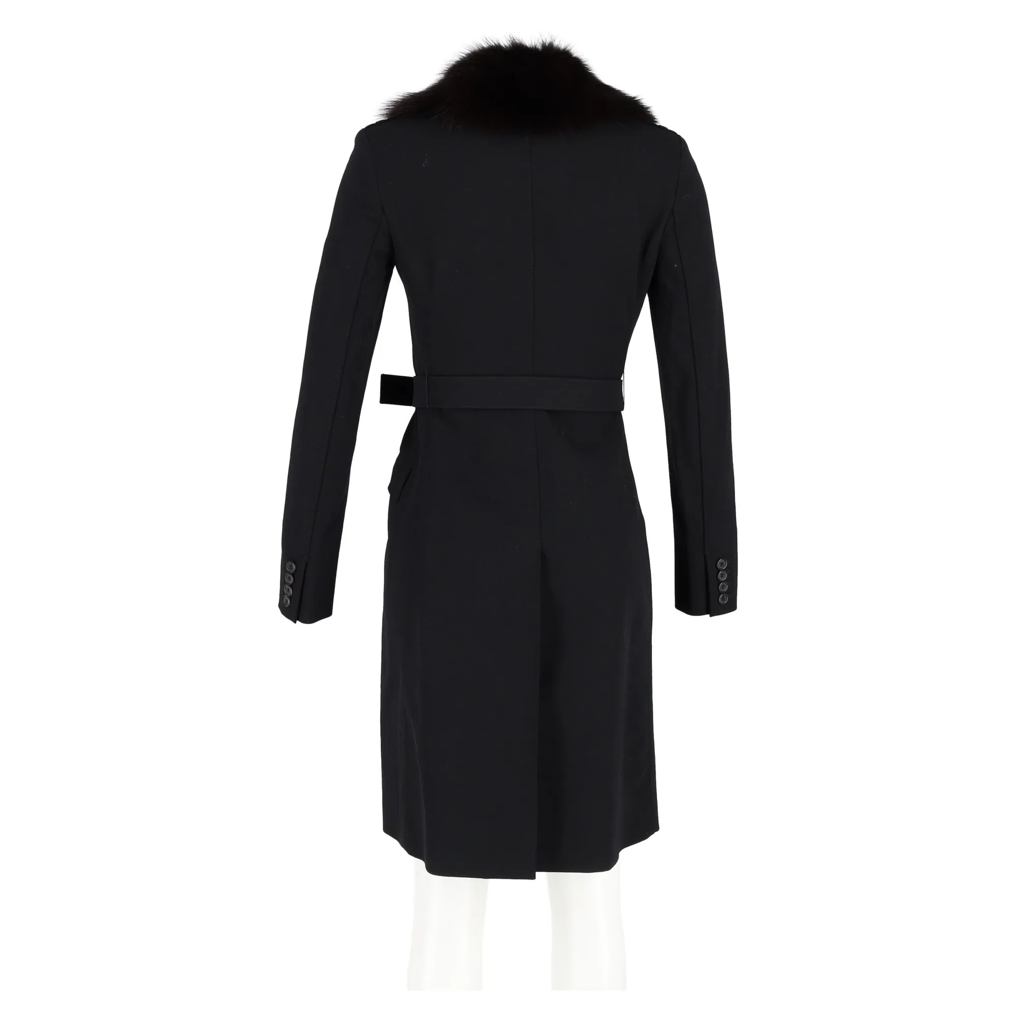 Prada Fur Trim Single-Breasted Coat in Black Wool