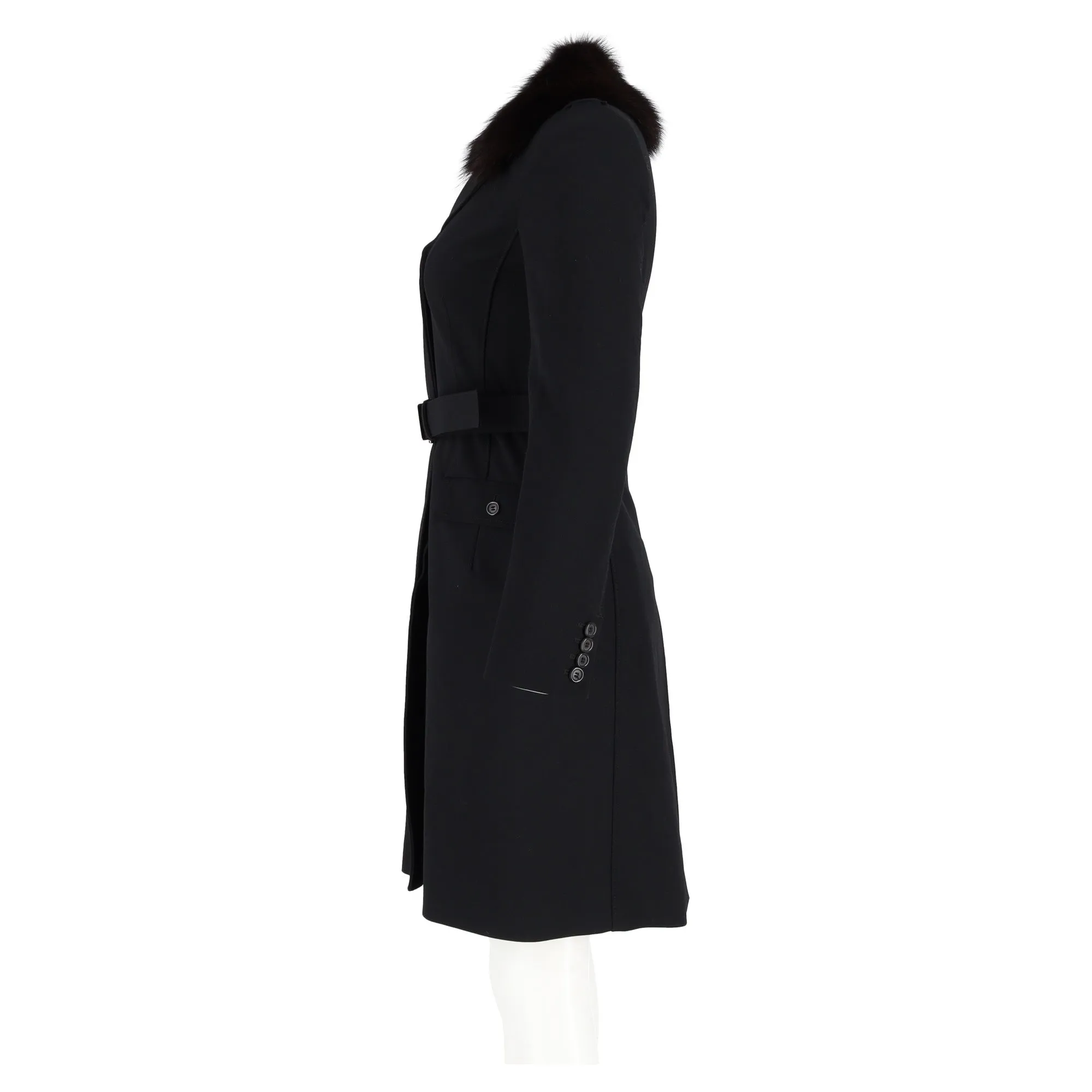 Prada Fur Trim Single-Breasted Coat in Black Wool