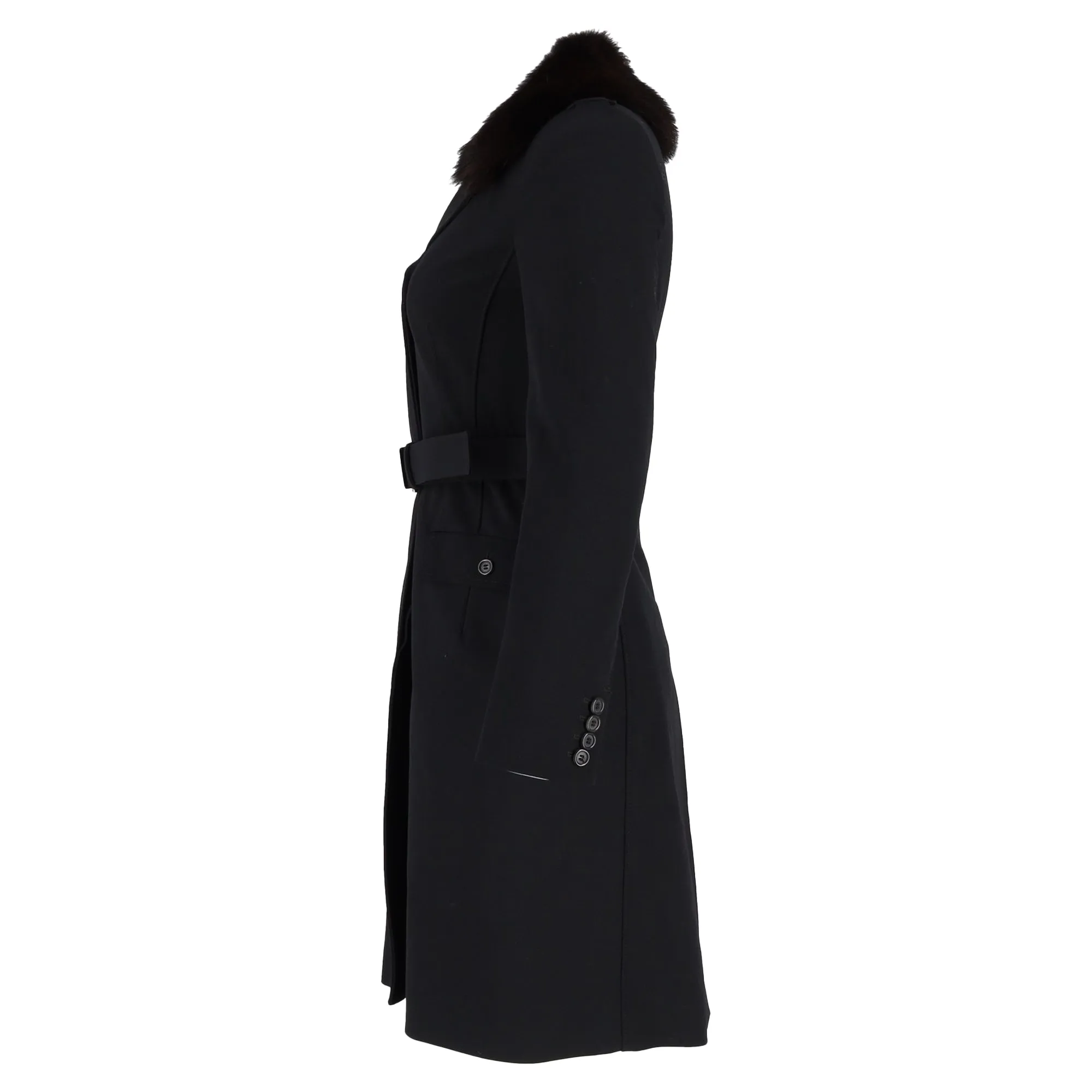 Prada Fur Trim Single-Breasted Coat in Black Wool