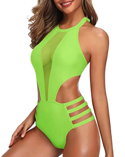 Slimming Black Cutout One Piece Swimsuit For Women-Neon Green
