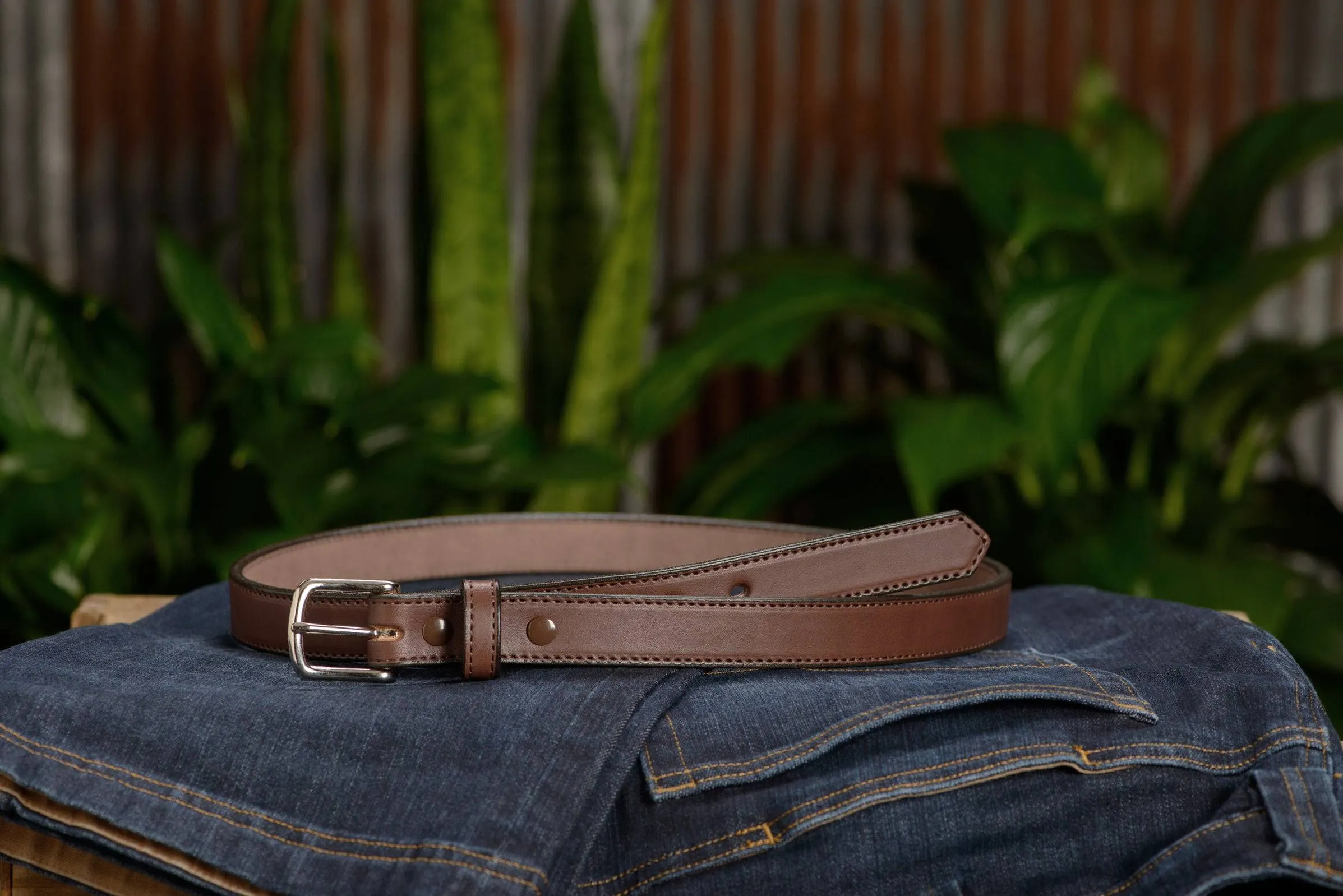 The Colt: Brown Stitched Leather Belt Petite Width 1.00"