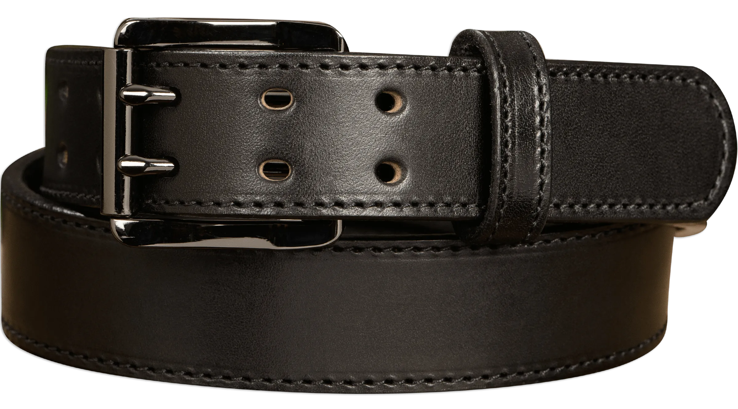 The Viper: Men's Black Stitched Leather Belt With Double Prong Gunmetal Buckle - 1.50" Max