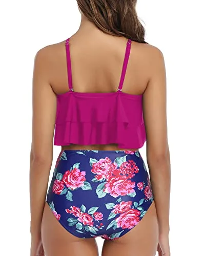 Trendy And Elegant Ruffle Bandeau Bikini Set High Waisted Bottom-Pink Floral
