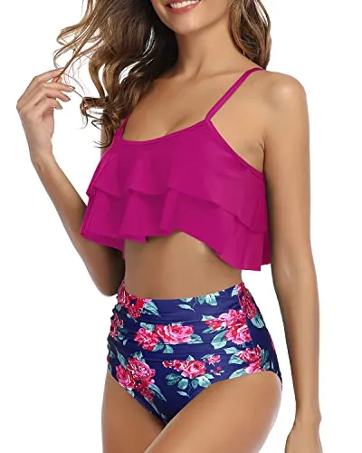 Trendy And Elegant Ruffle Bandeau Bikini Set High Waisted Bottom-Pink Floral