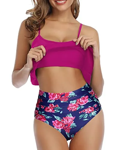 Trendy And Elegant Ruffle Bandeau Bikini Set High Waisted Bottom-Pink Floral