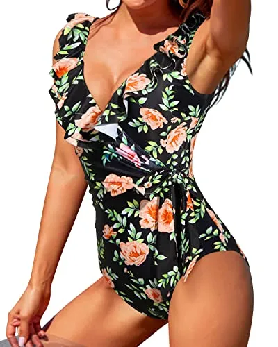 Tummy Control Tie Side Wrap Slimming Ruffle V Neck One Piece Swimsuits-Black Pink Flowers
