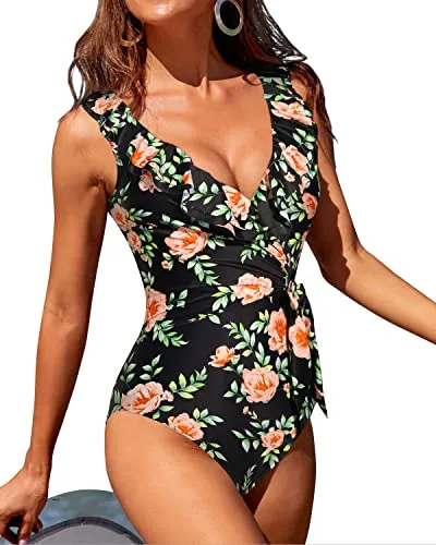 Tummy Control Tie Side Wrap Slimming Ruffle V Neck One Piece Swimsuits-Black Pink Flowers