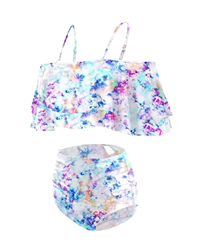 Two Piece Elegant High Waisted Off Shoulder Bikini Swimsuit-White Tie Dye
