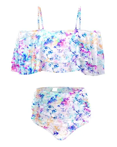 Two Piece Elegant High Waisted Off Shoulder Bikini Swimsuit-White Tie Dye
