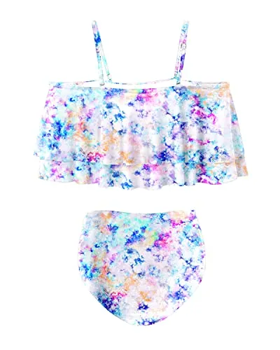 Two Piece Elegant High Waisted Off Shoulder Bikini Swimsuit-White Tie Dye