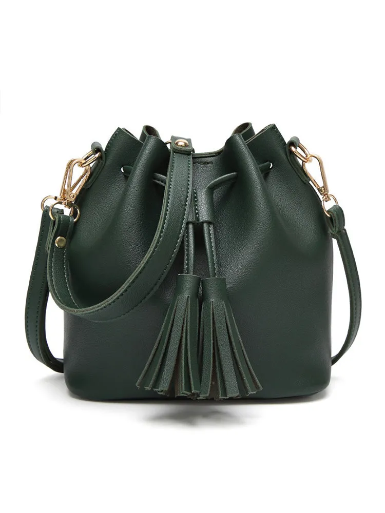 Women PU Leather Vintage Tassel Bucket Bags Mini Crossbody Bags
