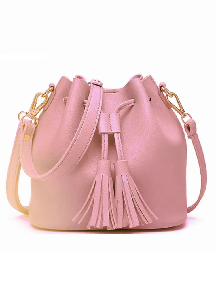 Women PU Leather Vintage Tassel Bucket Bags Mini Crossbody Bags