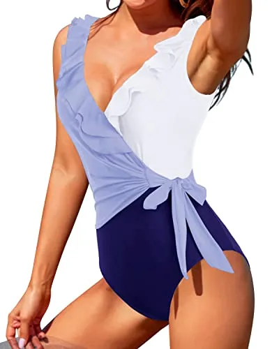 Women Ruffle V Neck Plunge One Piece Swimsuits Tie Side Wrap Slimming Swimwear