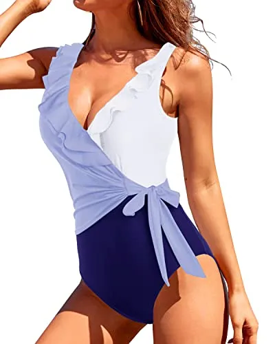 Women Ruffle V Neck Plunge One Piece Swimsuits Tie Side Wrap Slimming Swimwear