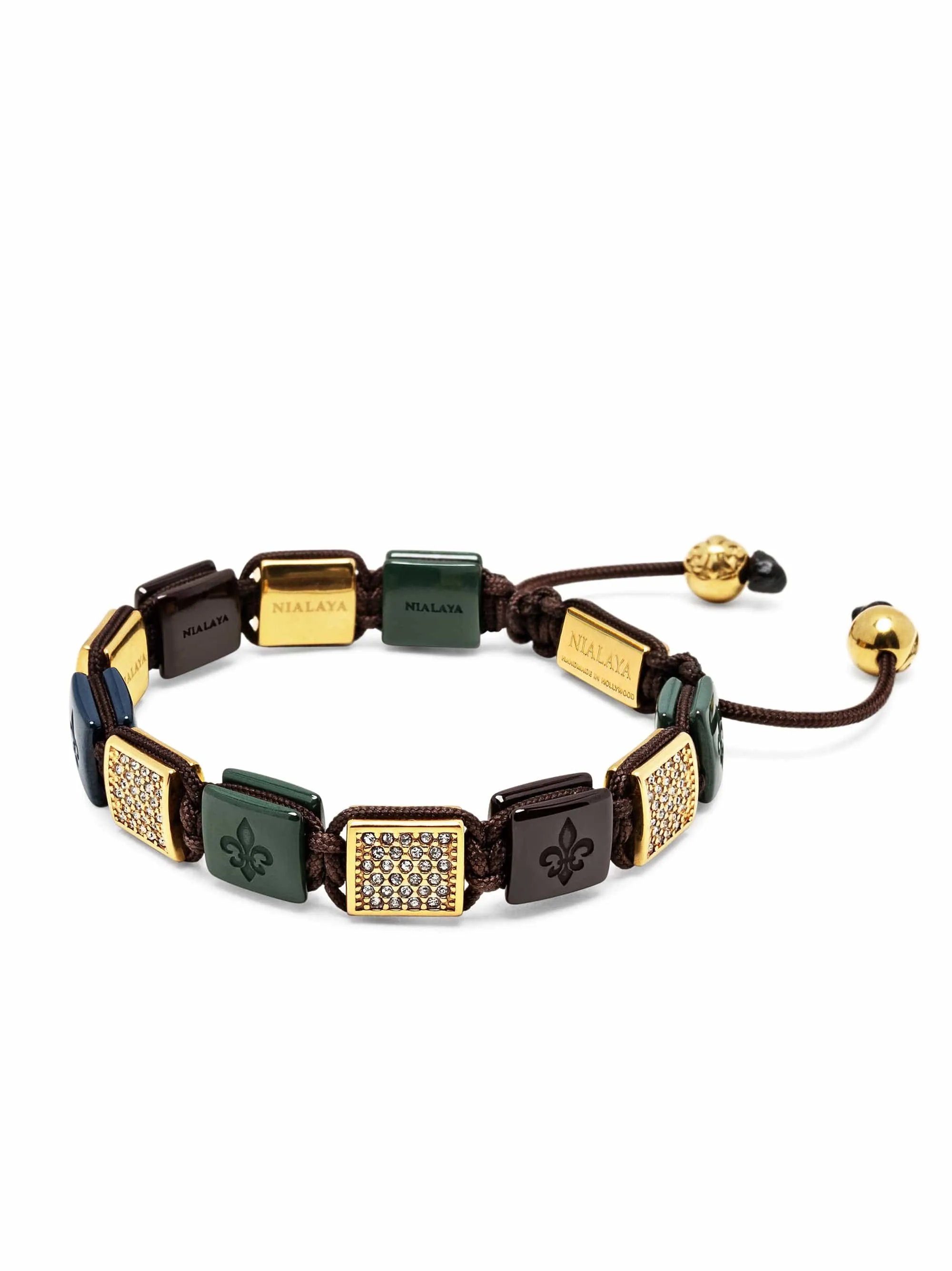 Women's Dark Green, Dark Blue & Burgundy Ceramic Flatbead Bracelet with Gold CZ